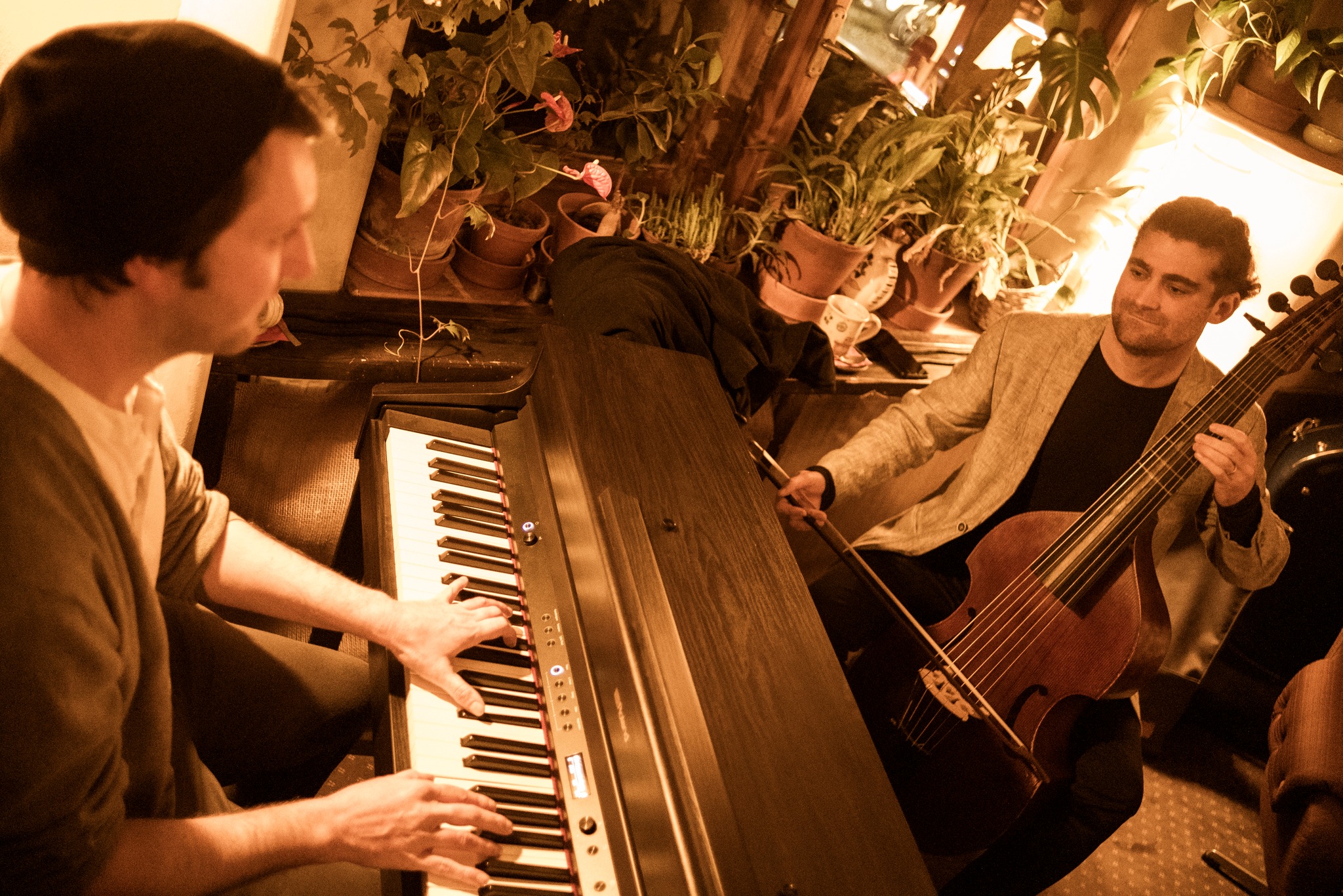 Klavírista a hráč na cello v pokoji s rostlinami